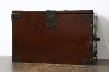 和製アンティーク　明治大正期　上手物!!　総欅(ケヤキ)材　新潟産　銅金具　和の趣たっぷりの硯箱(筆箱、小引き出し、小物収納、卓上収納、印箱、掛硯、掛け硯)(R-079534)