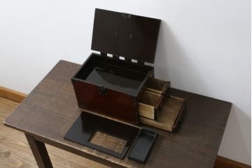 和製アンティーク　明治大正期　上手物!!　総欅(ケヤキ)材　新潟産　銅金具　和の趣たっぷりの硯箱(筆箱、小引き出し、小物収納、卓上収納、印箱、掛硯、掛け硯)(R-079534)