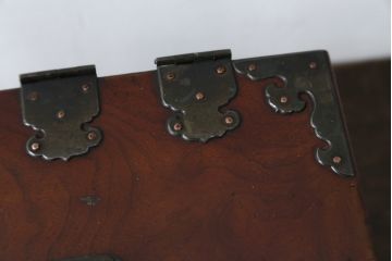 和製アンティーク　明治大正期　上手物!!　総欅(ケヤキ)材　新潟産　銅金具　和の趣たっぷりの硯箱(筆箱、小引き出し、小物収納、卓上収納、印箱、掛硯、掛け硯)(R-079534)