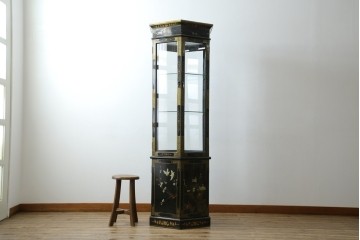 アジアンビンテージ　シノワズリ様式　照明付き　細部までこだわりの装飾が施された六角形のキュリオケース　(R-079552)