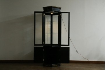 アジアンビンテージ　シノワズリ様式　照明付き　細部までこだわりの装飾が施された六角形のキュリオケース　(R-079552)