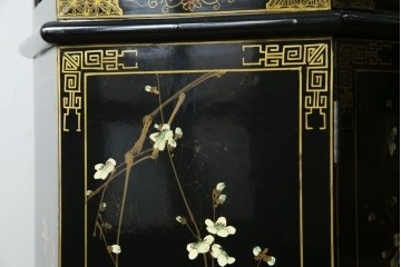 アジアンビンテージ　シノワズリ様式　照明付き　細部までこだわりの装飾が施された六角形のキュリオケース　(R-079552)