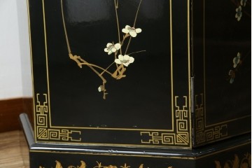 アジアンビンテージ　シノワズリ様式　照明付き　細部までこだわりの装飾が施された六角形のキュリオケース　(R-079552)