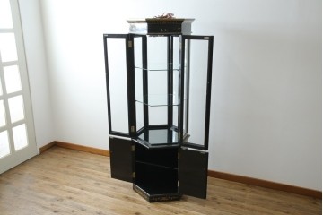 アジアンビンテージ　シノワズリ様式　照明付き　細部までこだわりの装飾が施された六角形のキュリオケース　(R-079552)