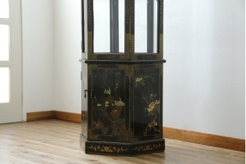 アジアンビンテージ　シノワズリ様式　照明付き　細部までこだわりの装飾が施された六角形のキュリオケース　(R-079552)