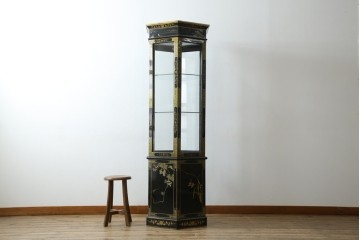 アジアンビンテージ　シノワズリ様式　照明付き　細部までこだわりの装飾が施された六角形のキュリオケース　(R-079552)