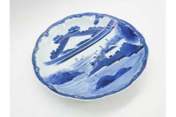江戸期　古伊万里　染付　富士山・山水図　約29cm　9.5寸　落ち着いた佇まいを感じる大皿(風景、海、和皿、和食器、九寸五分)(R-079556)