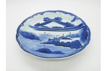 江戸期　古伊万里　染付　富士山・山水図　約29cm　9.5寸　落ち着いた佇まいを感じる大皿(風景、海、和皿、和食器、九寸五分)(R-079556)