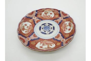 太明成化年製　上手物　古伊万里　赤絵　色絵　染錦　約22cm　7.2寸　金彩が豪華で美しい中皿2枚セット(菊、花、和皿、和食器、七寸二分)(R-079558)
