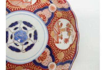 太明成化年製　上手物　古伊万里　赤絵　色絵　染錦　約22cm　7.2寸　金彩が豪華で美しい中皿2枚セット(菊、花、和皿、和食器、七寸二分)(R-079558)