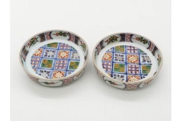 江戸期　大聖寺伊万里　染付　格子文　石畳文　奇玉珍玩　約10cm　3.3寸　華やかで美しい小皿2枚セット(色絵、小紋、梅、菊、花、松、なます皿、豆皿、手塩皿、深皿、和皿、和食器、三寸三分)(R-079560)