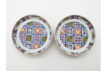 江戸期　大聖寺伊万里　染付　格子文　石畳文　奇玉珍玩　約10cm　3.3寸　華やかで美しい小皿2枚セット(色絵、小紋、梅、菊、花、松、なます皿、豆皿、手塩皿、深皿、和皿、和食器、三寸三分)(R-079560)