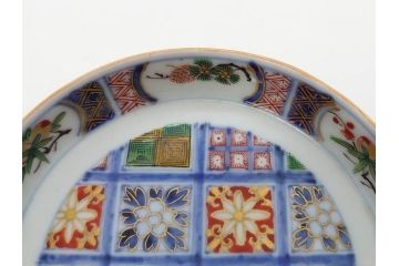 江戸期　大聖寺伊万里　染付　格子文　石畳文　奇玉珍玩　約10cm　3.3寸　華やかで美しい小皿2枚セット(色絵、小紋、梅、菊、花、松、なます皿、豆皿、手塩皿、深皿、和皿、和食器、三寸三分)(R-079560)