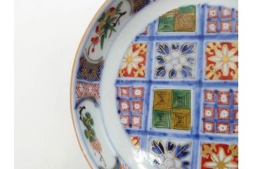 江戸期　大聖寺伊万里　染付　格子文　石畳文　奇玉珍玩　約10cm　3.3寸　華やかで美しい小皿2枚セット(色絵、小紋、梅、菊、花、松、なます皿、豆皿、手塩皿、深皿、和皿、和食器、三寸三分)(R-079560)