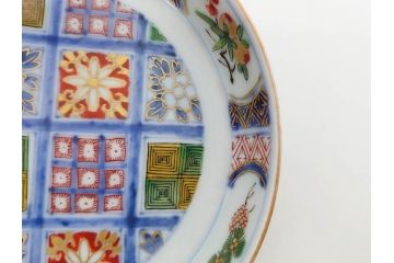 江戸期　大聖寺伊万里　染付　格子文　石畳文　奇玉珍玩　約10cm　3.3寸　華やかで美しい小皿2枚セット(色絵、小紋、梅、菊、花、松、なます皿、豆皿、手塩皿、深皿、和皿、和食器、三寸三分)(R-079560)