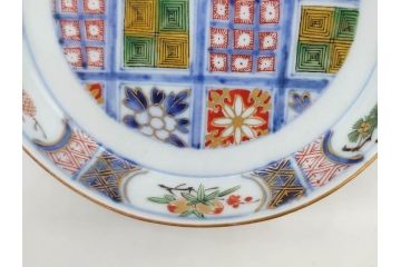 江戸期　大聖寺伊万里　染付　格子文　石畳文　奇玉珍玩　約10cm　3.3寸　華やかで美しい小皿2枚セット(色絵、小紋、梅、菊、花、松、なます皿、豆皿、手塩皿、深皿、和皿、和食器、三寸三分)(R-079560)