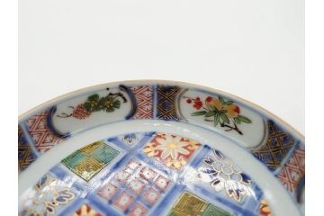 江戸期　大聖寺伊万里　染付　格子文　石畳文　奇玉珍玩　約10cm　3.3寸　華やかで美しい小皿2枚セット(色絵、小紋、梅、菊、花、松、なます皿、豆皿、手塩皿、深皿、和皿、和食器、三寸三分)(R-079560)
