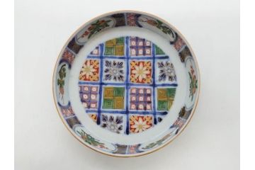 江戸期　大聖寺伊万里　染付　格子文　石畳文　奇玉珍玩　約10cm　3.3寸　華やかで美しい小皿2枚セット(色絵、小紋、梅、菊、花、松、なます皿、豆皿、手塩皿、深皿、和皿、和食器、三寸三分)(R-079560)