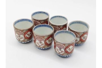 江戸期　古伊万里　染付　細かな絵付けが可愛らしいお猪口6客セット(金彩、扇、梅、花、蕎麦猪口、酒器、おちょこ、御猪口、湯呑み、湯のみ、和食器)(R-079561)