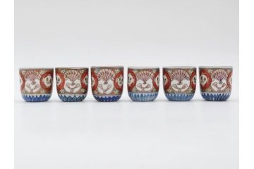 江戸期　古伊万里　染付　細かな絵付けが可愛らしいお猪口6客セット(金彩、扇、梅、花、蕎麦猪口、酒器、おちょこ、御猪口、湯呑み、湯のみ、和食器)(R-079561)