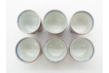 江戸期　古伊万里　染付　細かな絵付けが可愛らしいお猪口6客セット(金彩、扇、梅、花、蕎麦猪口、酒器、おちょこ、御猪口、湯呑み、湯のみ、和食器)(R-079561)