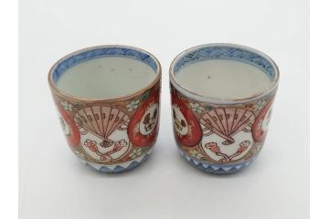 江戸期　古伊万里　染付　細かな絵付けが可愛らしいお猪口6客セット(金彩、扇、梅、花、蕎麦猪口、酒器、おちょこ、御猪口、湯呑み、湯のみ、和食器)(R-079561)