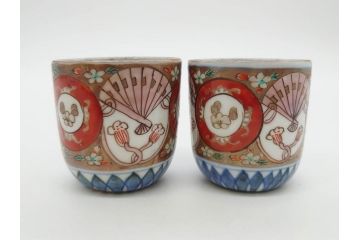 江戸期　古伊万里　染付　細かな絵付けが可愛らしいお猪口6客セット(金彩、扇、梅、花、蕎麦猪口、酒器、おちょこ、御猪口、湯呑み、湯のみ、和食器)(R-079561)