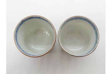 江戸期　古伊万里　染付　細かな絵付けが可愛らしいお猪口6客セット(金彩、扇、梅、花、蕎麦猪口、酒器、おちょこ、御猪口、湯呑み、湯のみ、和食器)(R-079561)