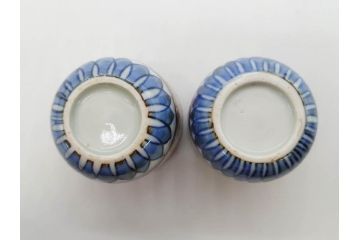 江戸期　古伊万里　染付　細かな絵付けが可愛らしいお猪口6客セット(金彩、扇、梅、花、蕎麦猪口、酒器、おちょこ、御猪口、湯呑み、湯のみ、和食器)(R-079561)