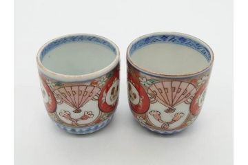 江戸期　古伊万里　染付　細かな絵付けが可愛らしいお猪口6客セット(金彩、扇、梅、花、蕎麦猪口、酒器、おちょこ、御猪口、湯呑み、湯のみ、和食器)(R-079561)