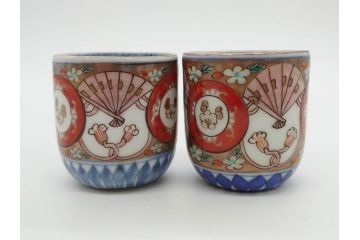 江戸期　古伊万里　染付　細かな絵付けが可愛らしいお猪口6客セット(金彩、扇、梅、花、蕎麦猪口、酒器、おちょこ、御猪口、湯呑み、湯のみ、和食器)(R-079561)