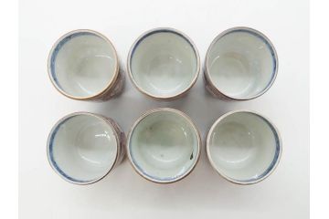 江戸期　古伊万里　染付　テーブルのアクセントになるお猪口6客セット(金彩、扇、梅、花、蕎麦猪口、酒器、おちょこ、御猪口、湯呑み、湯のみ、和食器)(R-079562)