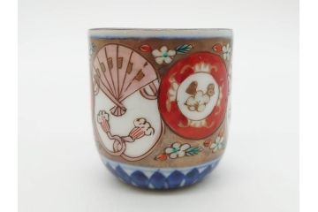 江戸期　古伊万里　染付　テーブルのアクセントになるお猪口6客セット(金彩、扇、梅、花、蕎麦猪口、酒器、おちょこ、御猪口、湯呑み、湯のみ、和食器)(R-079562)
