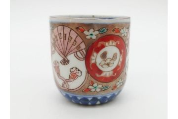 江戸期　古伊万里　染付　テーブルのアクセントになるお猪口6客セット(金彩、扇、梅、花、蕎麦猪口、酒器、おちょこ、御猪口、湯呑み、湯のみ、和食器)(R-079562)