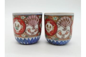 江戸期　古伊万里　染付　テーブルのアクセントになるお猪口6客セット(金彩、扇、梅、花、蕎麦猪口、酒器、おちょこ、御猪口、湯呑み、湯のみ、和食器)(R-079562)