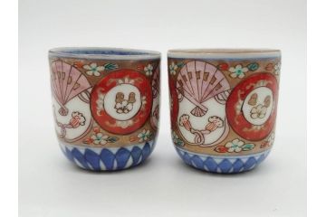 江戸期　古伊万里　染付　テーブルのアクセントになるお猪口6客セット(金彩、扇、梅、花、蕎麦猪口、酒器、おちょこ、御猪口、湯呑み、湯のみ、和食器)(R-079562)