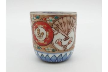 江戸期　古伊万里　染付　テーブルのアクセントになるお猪口6客セット(金彩、扇、梅、花、蕎麦猪口、酒器、おちょこ、御猪口、湯呑み、湯のみ、和食器)(R-079562)