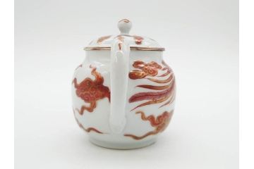 明治期　九谷焼　赤絵　金彩　鳳凰図　厳かな風格のある急須(鳥、雲文、和食器、水注、茶道具、茶器、水指、水差)(R-079566)