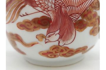 明治期　九谷焼　赤絵　金彩　鳳凰図　厳かな風格のある急須(鳥、雲文、和食器、水注、茶道具、茶器、水指、水差)(R-079566)
