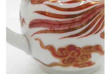 明治期　九谷焼　赤絵　金彩　鳳凰図　厳かな風格のある急須(鳥、雲文、和食器、水注、茶道具、茶器、水指、水差)(R-079566)