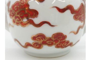 明治期　九谷焼　赤絵　金彩　鳳凰図　厳かな風格のある急須(鳥、雲文、和食器、水注、茶道具、茶器、水指、水差)(R-079566)