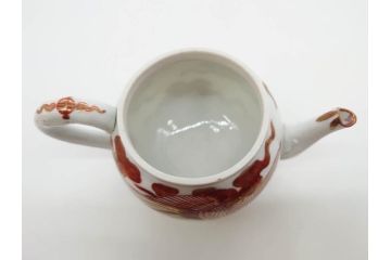 明治期　九谷焼　赤絵　金彩　鳳凰図　厳かな風格のある急須(鳥、雲文、和食器、水注、茶道具、茶器、水指、水差)(R-079566)
