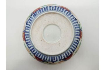 江戸期　古伊万里　染付　5.1寸・2.9寸　匠の美技が光る鉢2点&蓋付き湯呑みセット(山水図、楼閣図、風景、松竹梅、吉祥文様、煎茶、湯のみ、金彩、深皿、中皿、和食器、和皿、五寸一分、二寸九分)(R-079568)