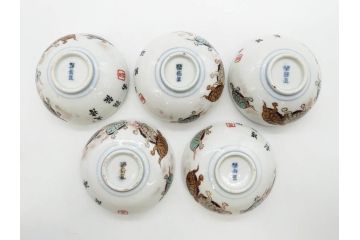 明治期　伊万里　肥蝶山　栞岳造　独創的な亀のデザインが目を引く茶器セット(金彩、天清鶴能高、急須、湯冷まし、湯飲み5客、塩笥茶碗、かめ、カメ、磁器、茶道具)(R-079569)
