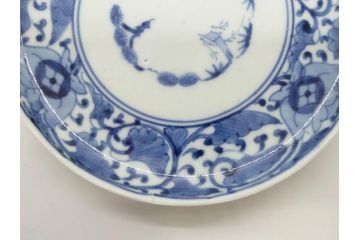 江戸期　古伊万里　染付　冨貴長春　松竹梅　牡丹唐草文様　約17cm　5.6寸　繊細な絵付けに魅了される中皿3枚セット(窓絵、和皿、和食器、五寸六分)(R-079573)