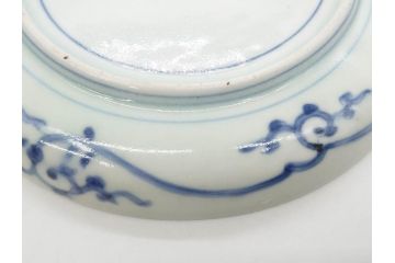 江戸期　古伊万里　染付　冨貴長春　松竹梅　牡丹唐草文様　約17cm　5.6寸　繊細な絵付けに魅了される中皿3枚セット(窓絵、和皿、和食器、五寸六分)(R-079573)