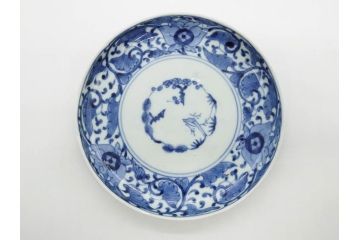 江戸期　古伊万里　染付　冨貴長春　松竹梅　牡丹唐草文様　約17cm　5.6寸　繊細な絵付けに魅了される中皿3枚セット(窓絵、和皿、和食器、五寸六分)(R-079573)