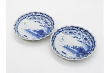 江戸期　古伊万里　染付　山水図　5.7寸　落ち着いた佇まいが魅力の中皿2枚セット(風景、和皿、和食器、なます皿、変形皿、五寸七分)(R-079574)
