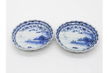 江戸期　古伊万里　染付　山水図　5.7寸　落ち着いた佇まいが魅力の中皿2枚セット(風景、和皿、和食器、なます皿、変形皿、五寸七分)(R-079574)