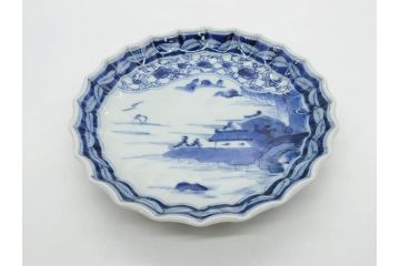 江戸期　古伊万里　染付　山水図　5.7寸　落ち着いた佇まいが魅力の中皿2枚セット(風景、和皿、和食器、なます皿、変形皿、五寸七分)(R-079574)
